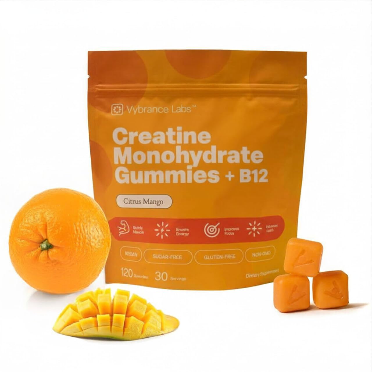 VYBRANCE LABS Creapure Creatine Gummies 5g + Taurine & B12 - Sugar-Free, Vegan, Gluten-Free - Citrus Mango - 120 Count (30 Servings) for Strength, Energy & Focus VYBRANCE LABS uk supplements