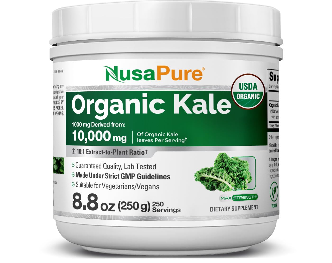 NusaPure Organic Kale Powder Extract 10:1 - Suitable for Vegetarian/Vegan, Non- GMO - 10,000 mg - 250 Capsules NusaPure uk supplements
