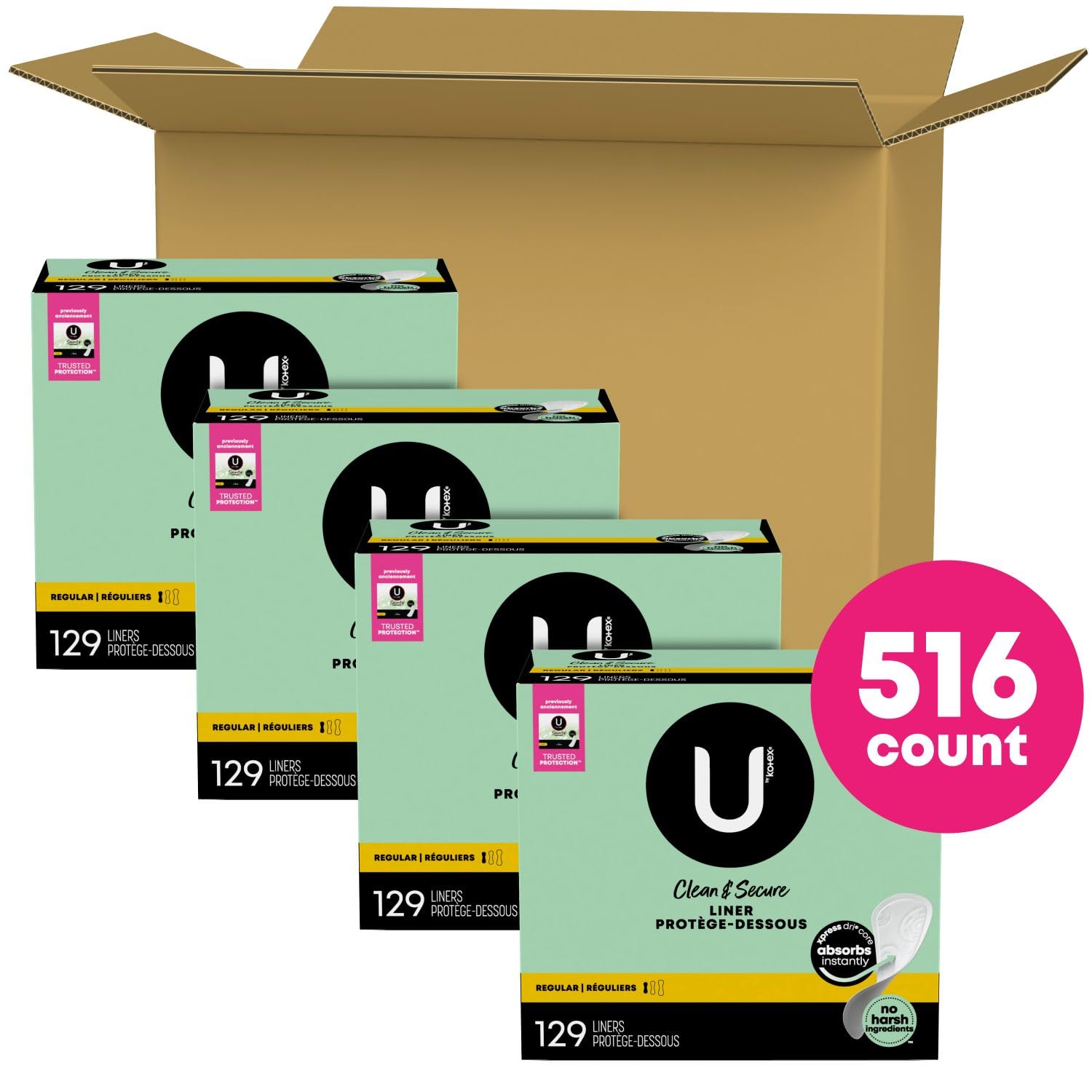 U by Kotex Clean & Secure Panty Liners, Light Absorbency, Regular Length, 516 Count U by Kotex uk supplements