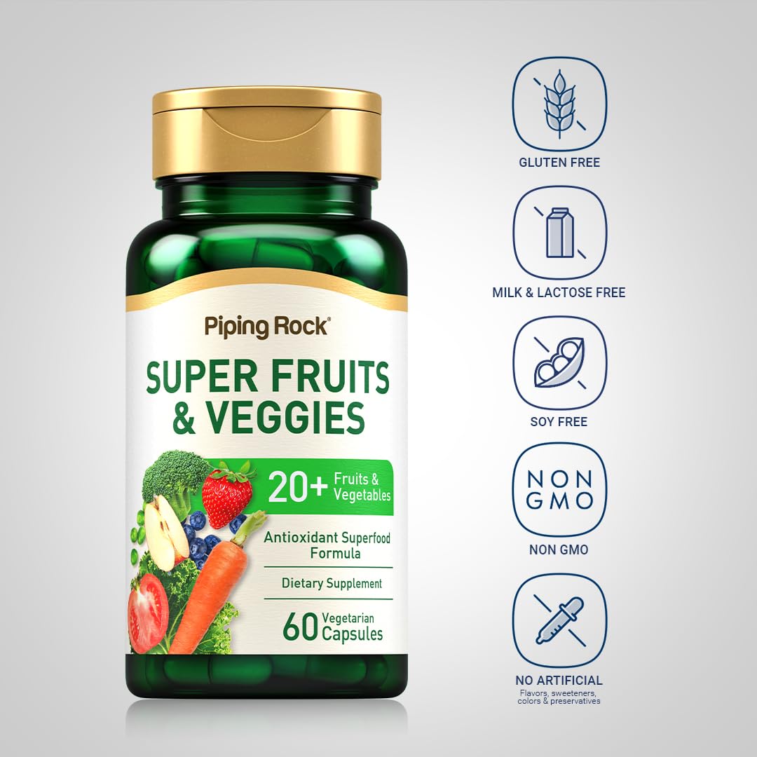 Piping Rock Fruits and Veggies Supplement | 60 Capsules | Superfood Fruit and Vegetables Vitamins | with Prebiotic Blend | Vegetarian Formula | Non-GMO, Gluten Free Piping Rock uk supplements