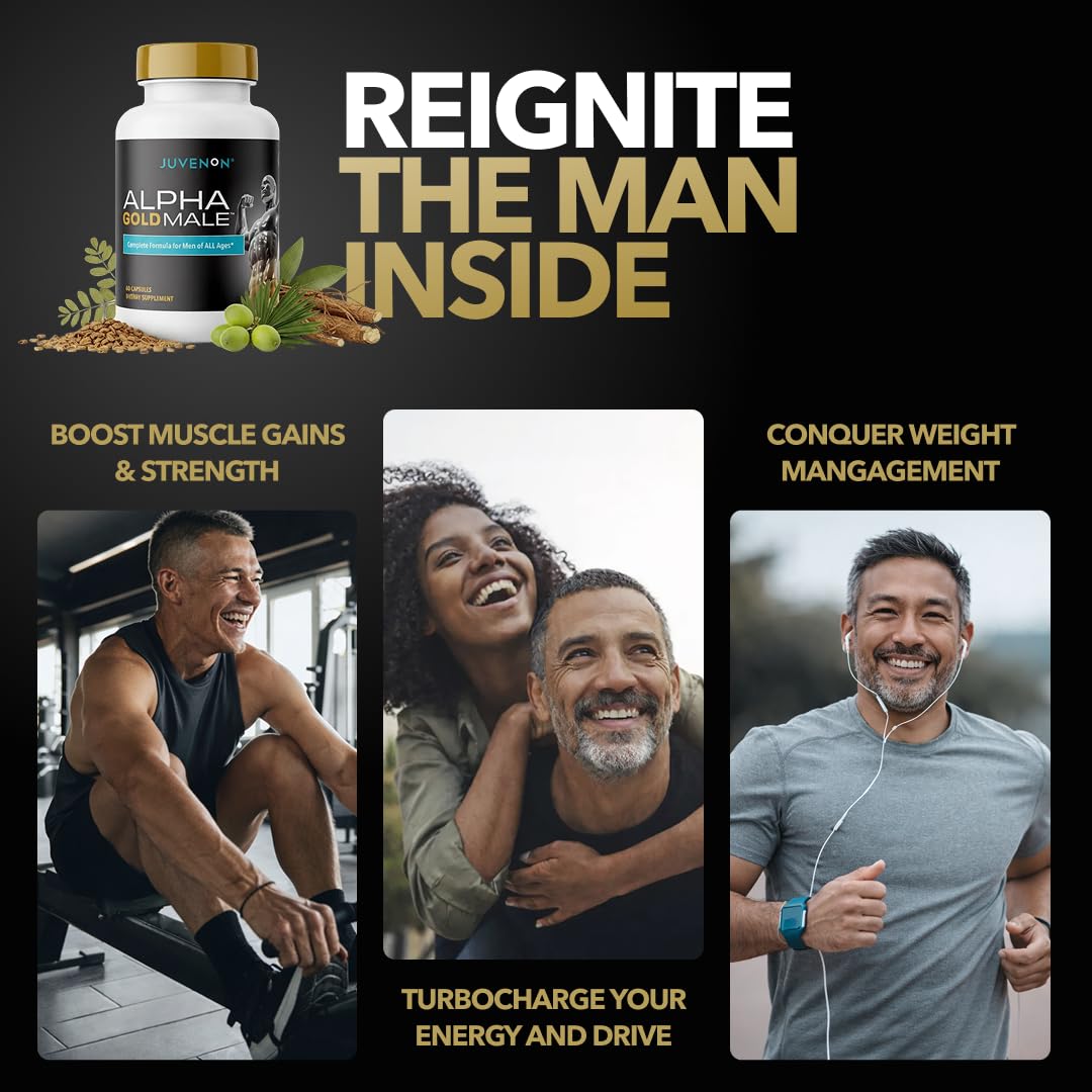 Juvenon Alpha Gold Male Testosterone Booster for Men - T-Support & Male Vitality with KSM-66 Ashwagandha + Fenugreek + Boron Citrate + Saw Palmetto, Non-GMO Vegetarian Capsules Juvenon uk supplements