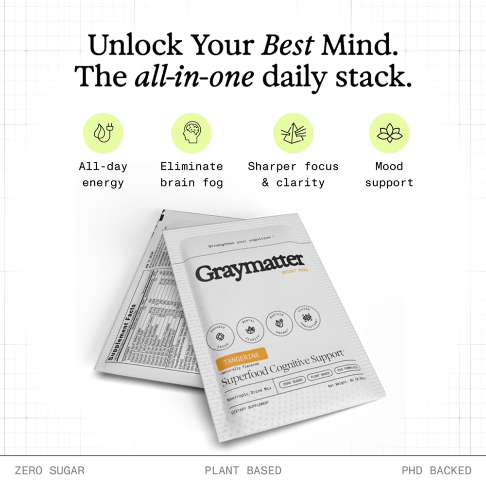 Graymatter Bright Mind Nootropic Powder (6 Travel Packets Variety Pack: Cacao, Tangerine, Strawberry Lemon) – Plant-Based Energy & Focus Drink Mix, Adaptogens & Vitamins, Sugar-Free Daily Supplement Graymatter uk supplements