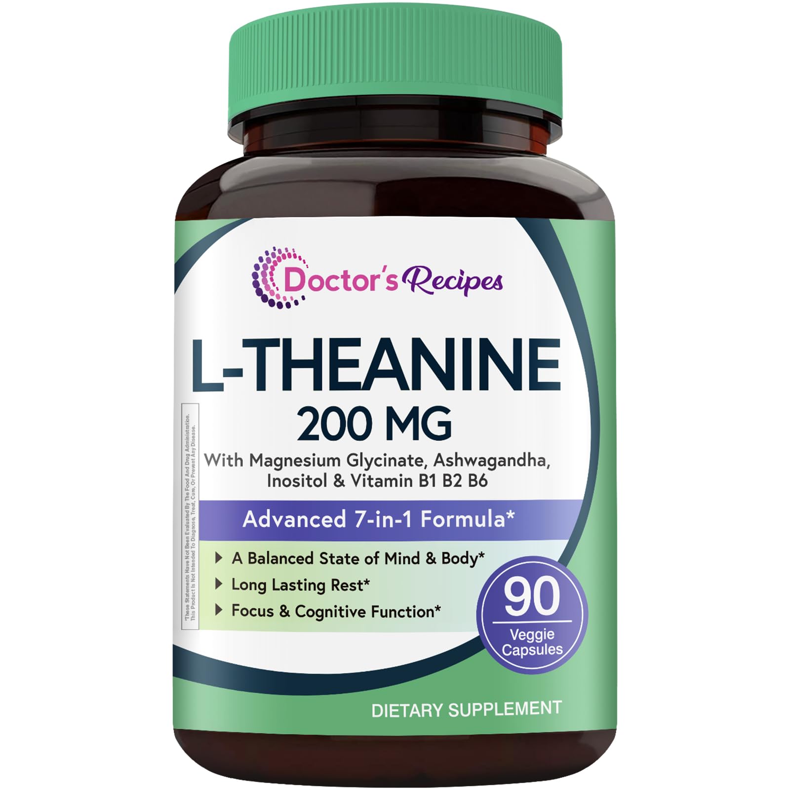 Doctor's Recipes L-Theanine 200 mg, Magnesium Glycinate, Ashwagandha, Inositol, Vitamin B6 B1 B2, Calm Relaxation Mood Cortisol Manager Nerve Focus Sleep Aid Quality No Drowsiness, Vegan, 90 Capsules Doctor's Recipes uk supplements