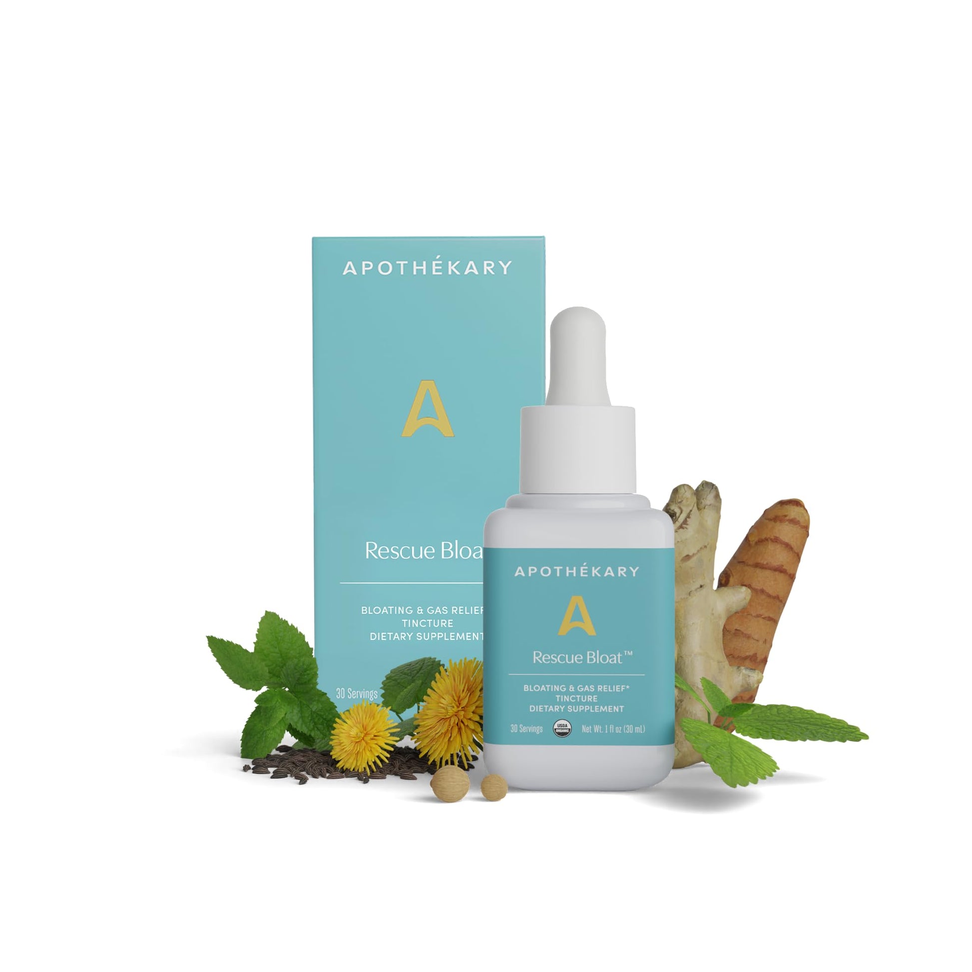 Apothékary Rescue Bloat, Fast-Acting Digestive Drops for Occasional Gas and Bloat Relief, Herbal Liquid Drops with Peppermint, Lemon Balm, Dandelion, Ginger, Turmeric, Made in USA, 1 fl oz 30 Servings Apothékary uk supplements