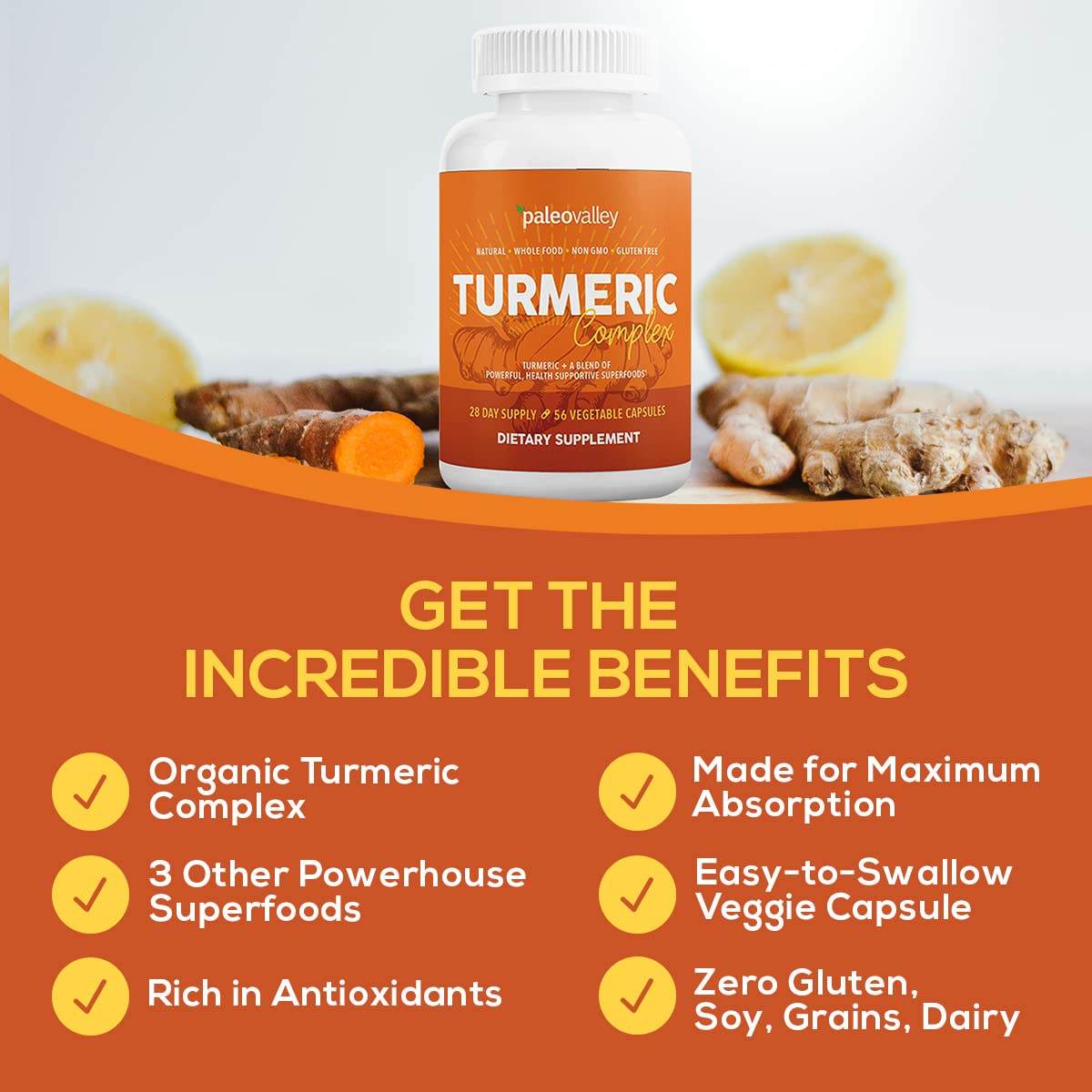 Paleovalley - Organic Turmeric Complex - Full Spectrum Organic Turmeric with Health-Supportive Superfoods - 56 Vegetarian Capsules - Support Joints, Immunity, Brain and Heart Health Paleovalley uk supplements