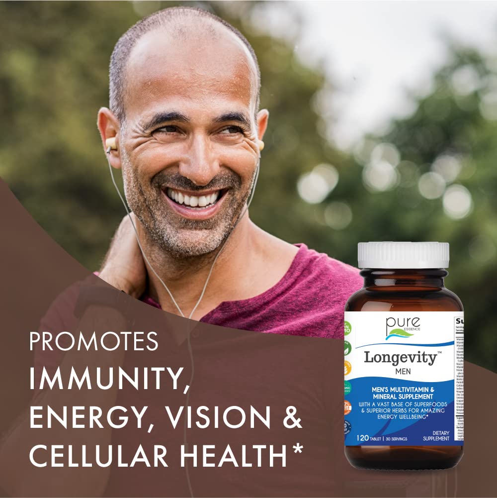 PURE ESSENCE LABS Longevity Multivitamin for Men Over 40 - Super Energetic with Superfoods, Minerals, Enzymes, Vitamin D3, B12, Biotin - 120 Tablets PURE ESSENCE LABS uk supplements