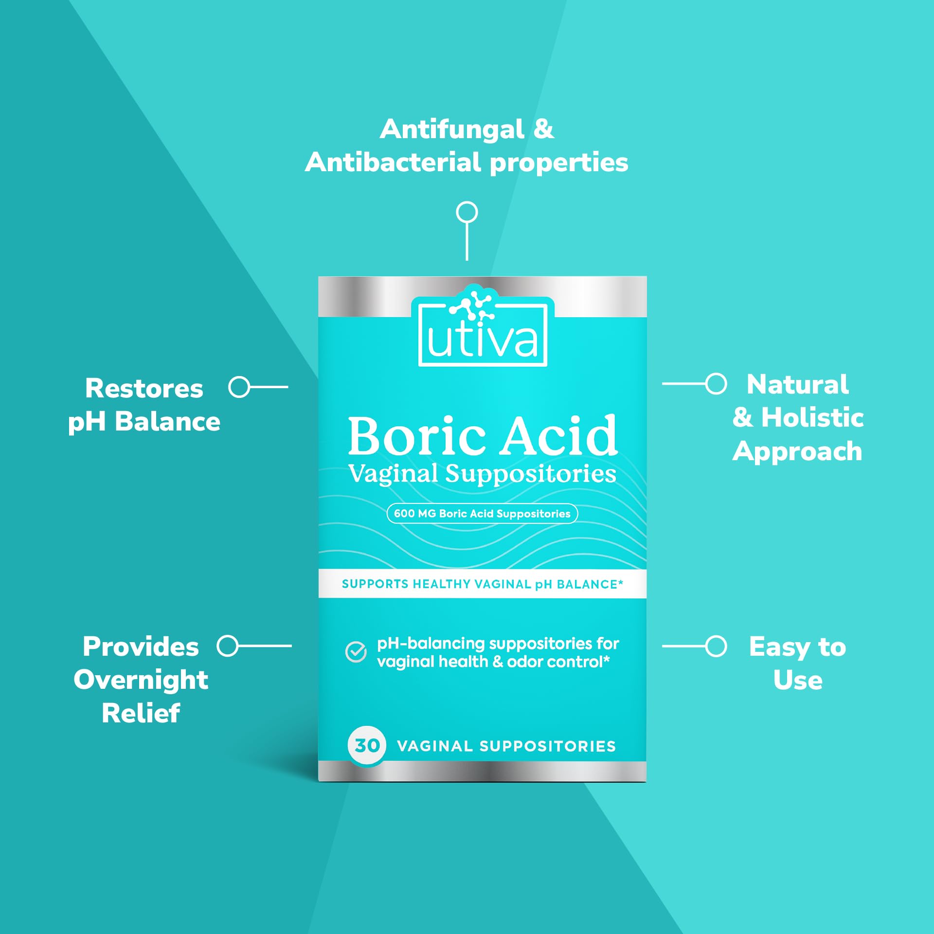 10% Bundle Utiva Boric Acid - 600mg 30-Boric Acid Vaginal Suppositories to Lower pH and Support Vaginal Health + Utiva Suppository Applicators – Hygienic Individually Wrapped 15 Vaginal Applicators Szio+ uk supplements