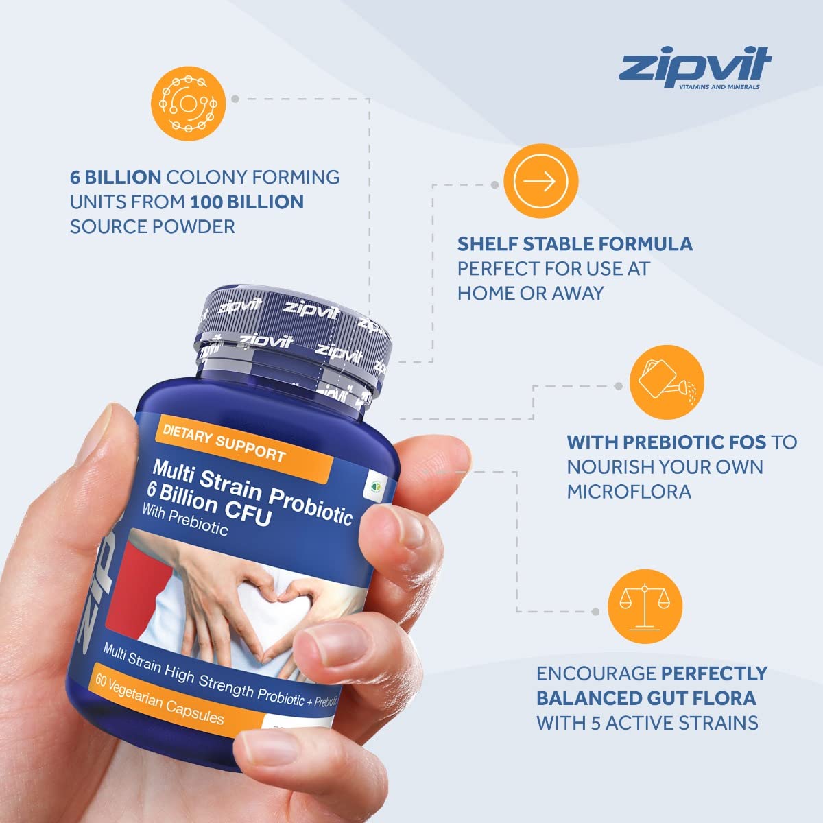 Probiotic 6 Billion Multi-Strain Live Bio Cultures Complex with Prebiotic, 60 Vegetarian Zipvit uk supplements