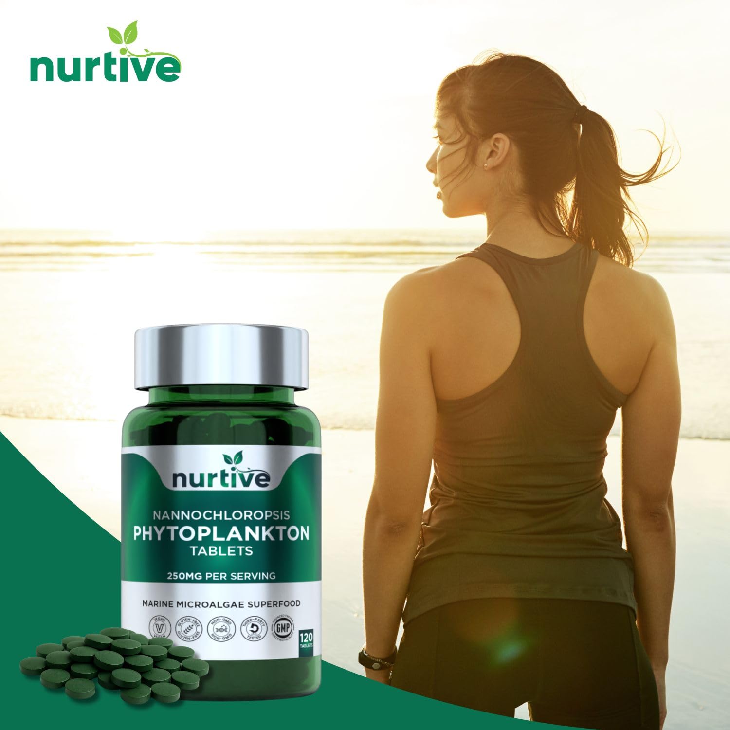 NURTIVE Nannochloropsis Phytoplankton Tablets – 250mg per Serving – Vegan, Gluten-Free, Non-GMO, No Fillers – Third-Party Tested, GMP Certified – 2 Tablets/Day for 2 Month, 120 Tablets/Bottle NURTIVE uk supplements