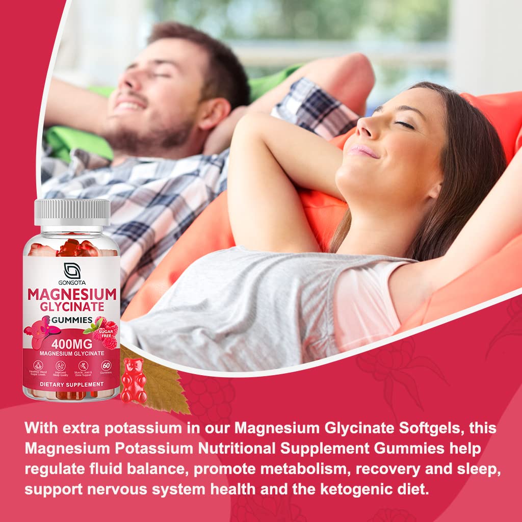Magnesium Glycinate Gummies 400 mg with 100 mg Composite magnesium - Chelated Magnesium Potassium Supplement with Vitamin D, B6 Supports Calm, Sleep, Memory & Muscle Cramps,Sugar Free - 120 Gummies GONGOTA uk supplements