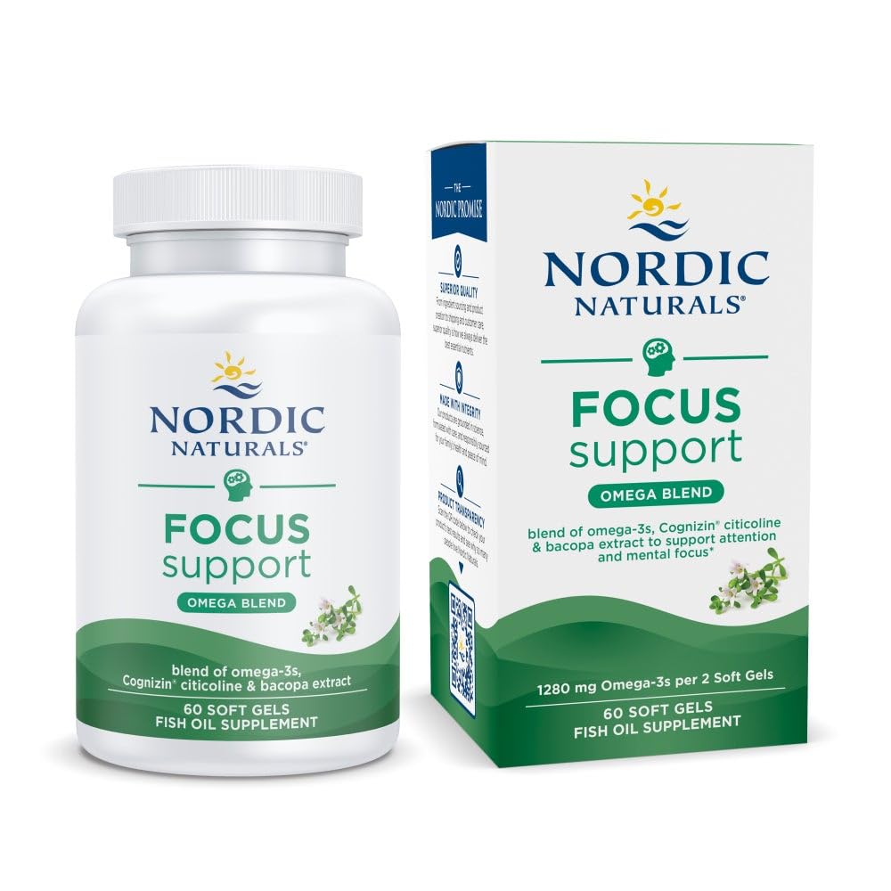 Nordic Naturals Omega Focus, Lemon - 60 Soft Gels - 1280 mg Omega-3 + Citicoline & Bacopa Monnieri Extract - Focus, Attention, Memory, Brain Health - Non-GMO - 30 Servings Nordic Naturals uk supplements