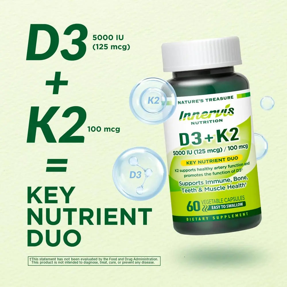 INNERVISNUTRITION Vitamin D3 5000 IU + K2 MK-7 100mcg – Bone, Heart & Immune Support, Easy to Swallow, 60 Capsules INNERVISNUTRITION uk supplements