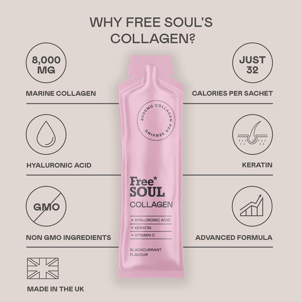 Marine Collagen Liquid 8000mg with Hyaluronic Acid, Keratin, & Vitamin C, 14 x 8000mg Hydrolysed Collagen Free Soul uk supplements