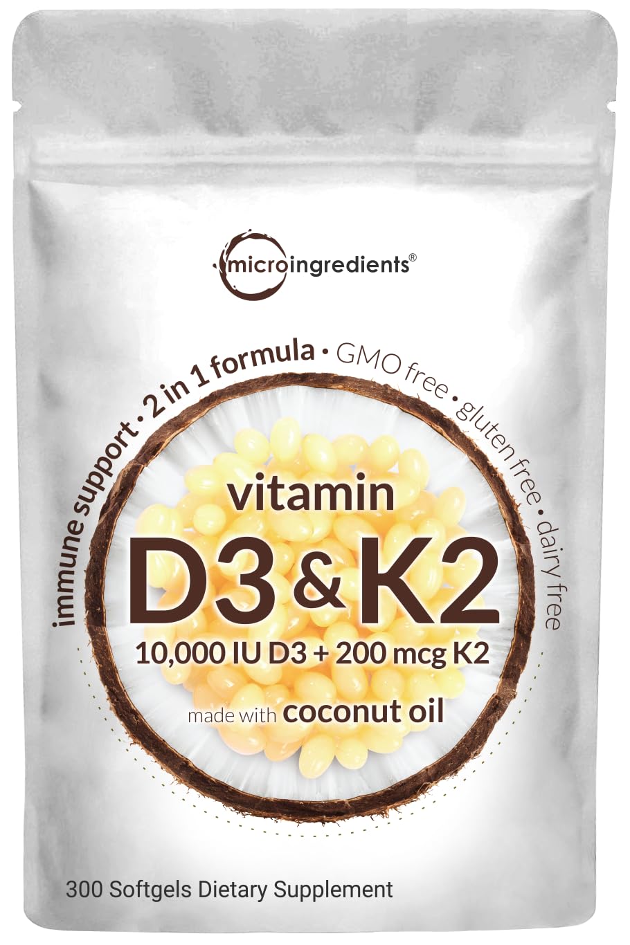 Vitamin D3 10000 iu Plus K2 (MK-7) 200 mcg, 300 Virgin Coconut Oil Softgels Micro Ingredients uk supplements
