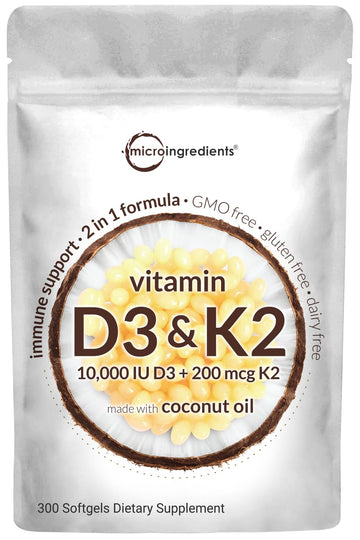 Vitamin D3 10000 iu Plus K2 (MK-7) 200 mcg, 300 Virgin Coconut Oil Softgels Micro Ingredients uk supplements