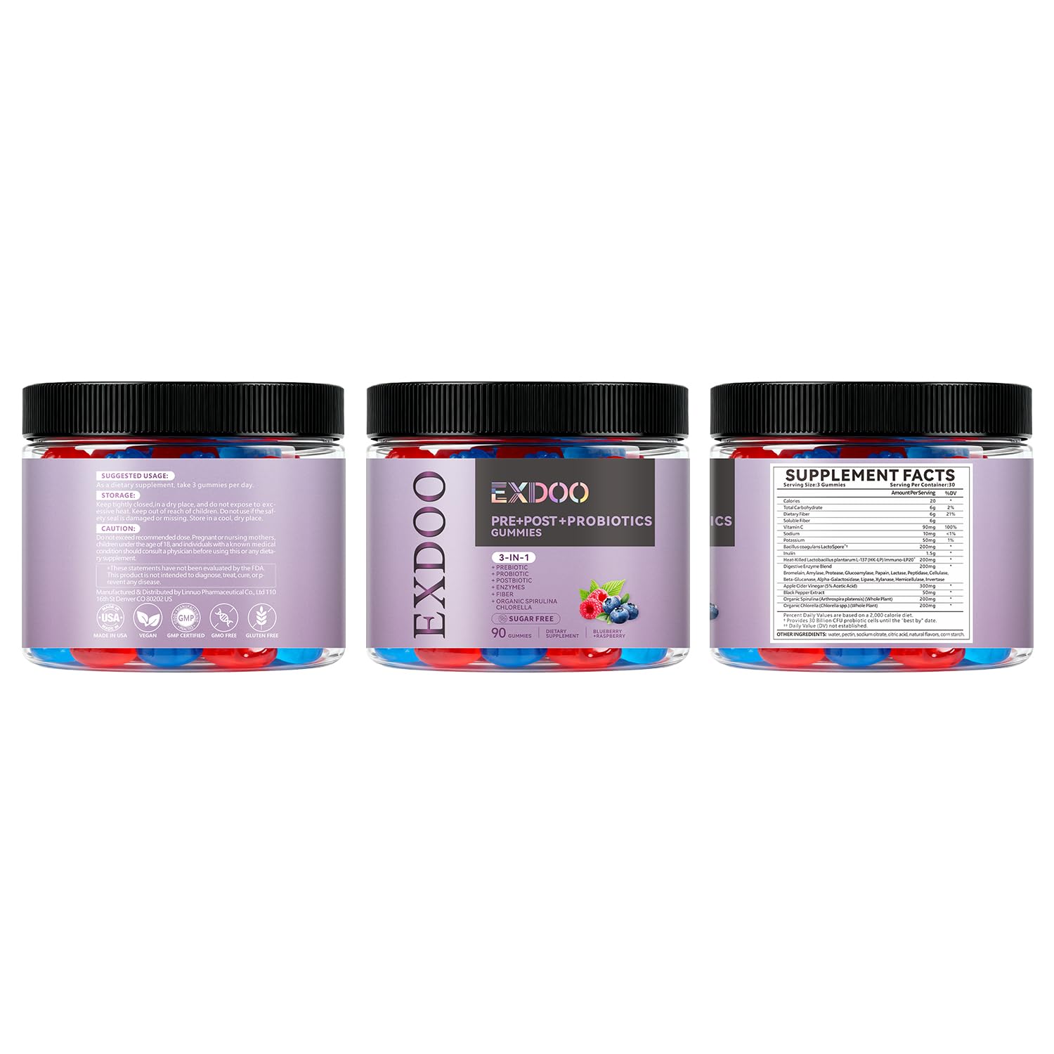 exdoo 3-in-1 Probiotic Gummies Prebiotic+Probiotic+Postbiotic with Organic Spirulina Chlorella Immune Gut & Digestive Support 90 Count exdoo uk supplements