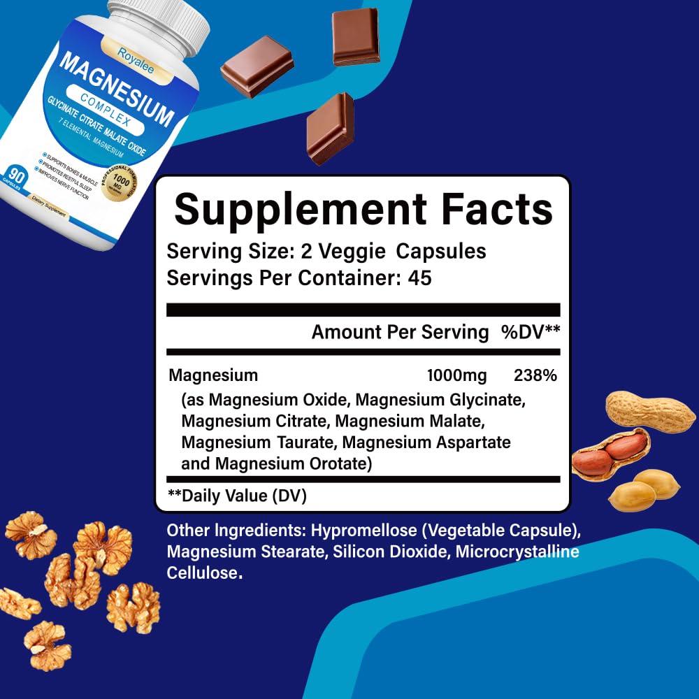 Magnesium Complex Supplement - 1000mg with 7 Magnesium Forms Including Glycinate, Citrate, Malate, Taurate & Orotate - Supports Relaxation, Muscle Function & Bone Strength - 90 Capsules Royalee uk supplements