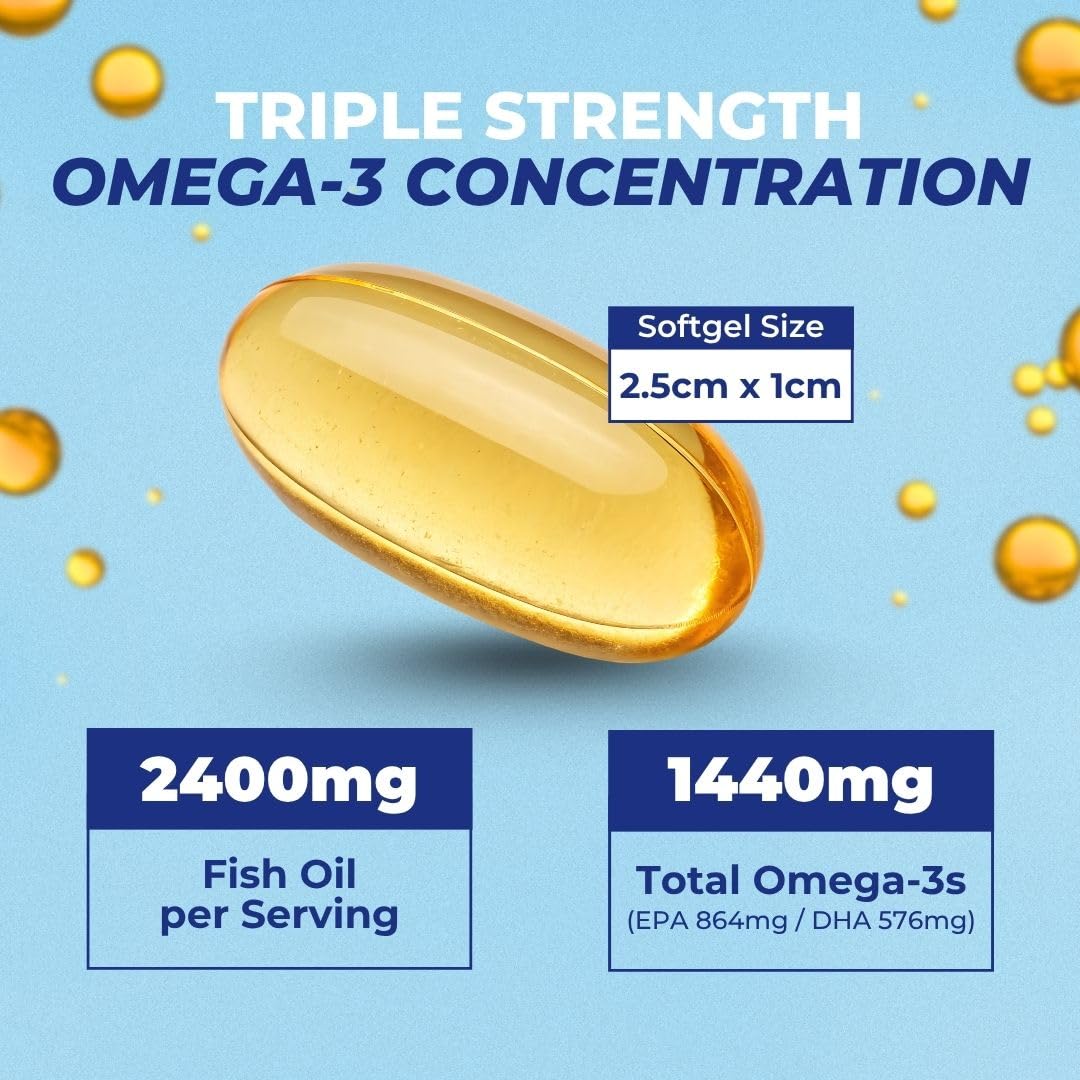 Vital Omega 3 Fish Oil Supplements 2400mg | 864mg EPA & 576mg DHA | 1440mg Total Omega-3 Fatty Acids | Promotes Brain & Heart Health | Non-GMO, Gluten-Free, Sugar-Free | Lemon | 60 Day Servings VITAL NUTRITIVE uk supplements