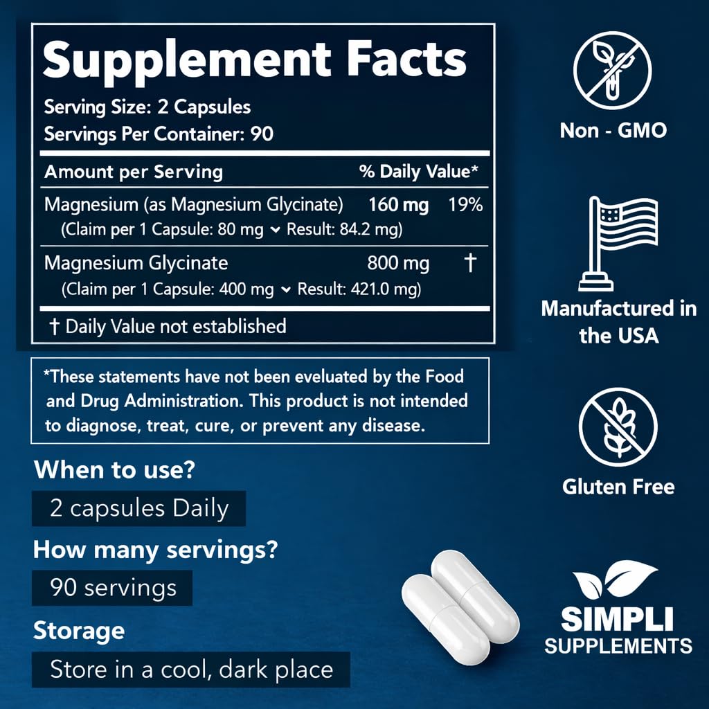 Magnesium Glycinate 400mg per Serving – High Absorption – Gentle on Stomach – Supports Sleep, Relaxation, Muscle, Bone & Immune Health – Non-GMO, Vegan, 180 Capsules Simpli Supplements uk supplements
