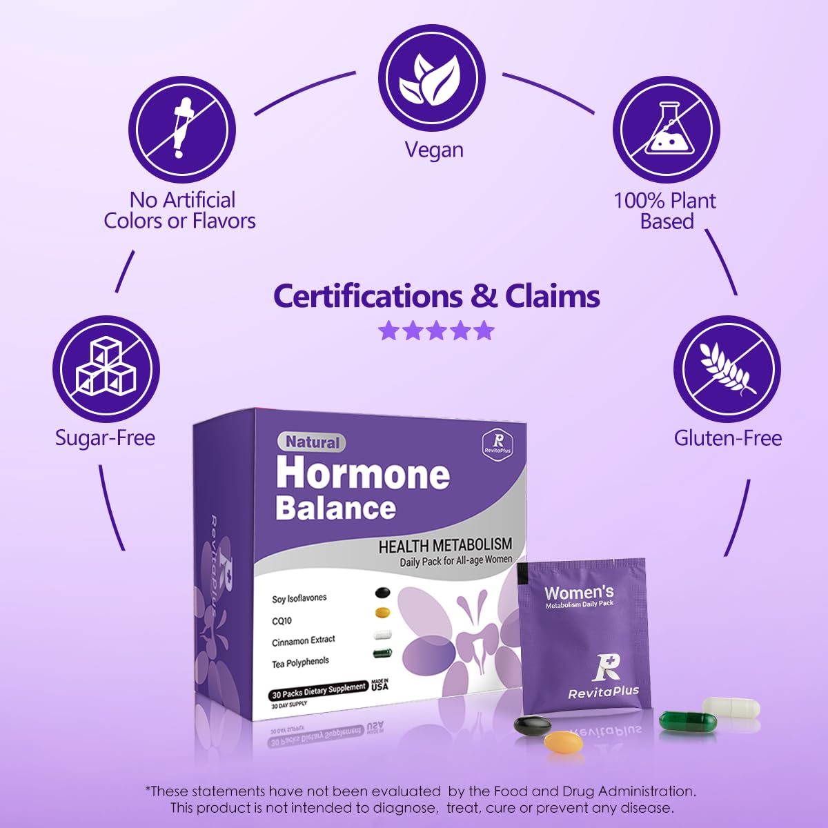 Natural Hormone Balance for Women, Menopause Supplements for Women with Evening Primrose Oil,CoQ10,Soy Isoflavones, Daily Pack Supports Peri+Menopause+Post, PMS,Metabolism,Mood,Energy 30Packs RevitaPlus uk supplements