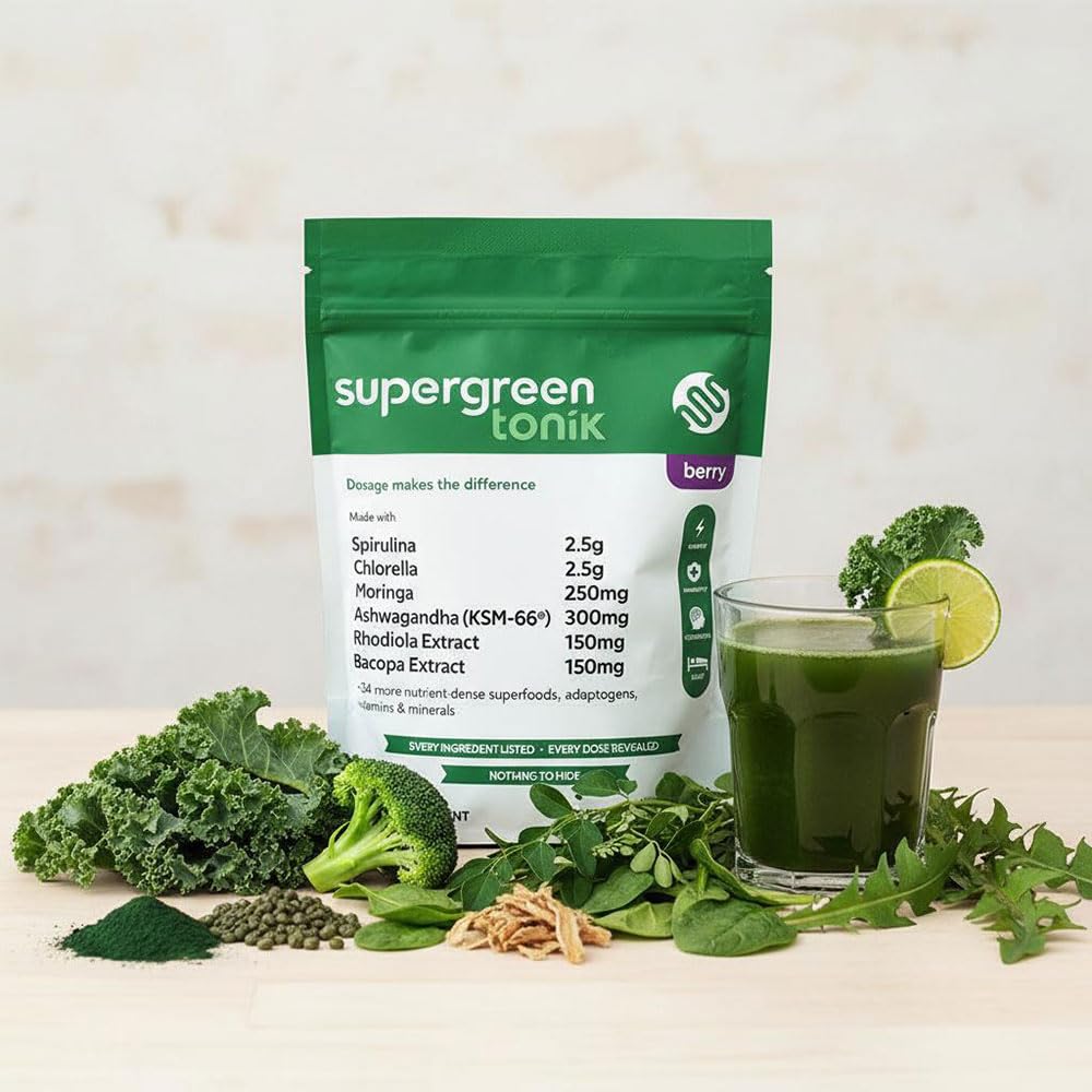 SUPERGREEN TONIK 100% Natural Greens Superfood Powder – Daily Supplement with 40 Superfoods, Vitamins and Minerals – Supports Energy, Stress and Immunity – 30 Days 360 Grams Berry Flavor (1 Bag) SUPERGREEN TONIK uk supplements