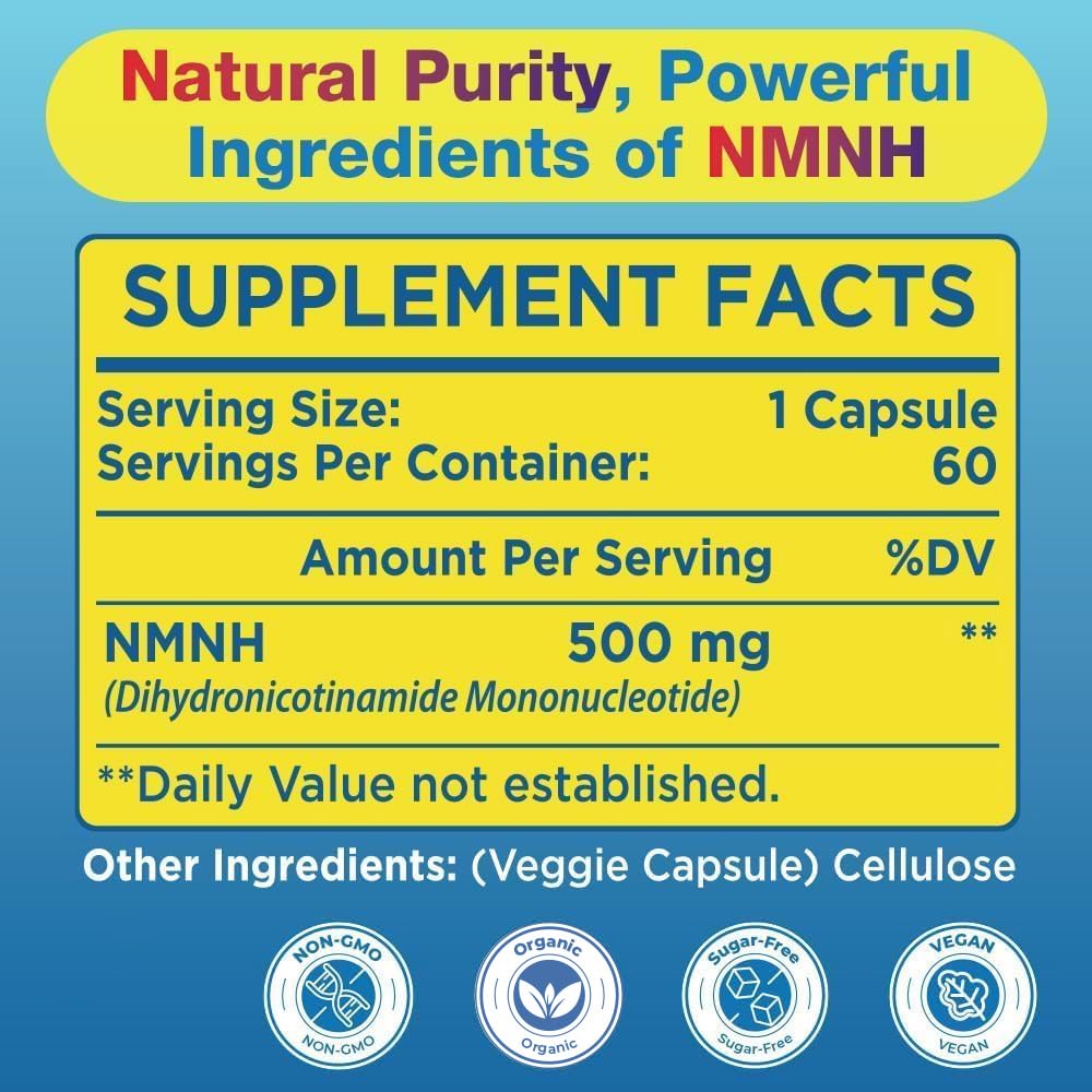 NMNH (NMN Supplement Alternative) NAD Supplements for Anti Aging, Energy, Immune, Focus (Dihydronicotinamide Mononucleotide) 500mg, to Boost NAD+ Levels As We Age, Pure Organic - 60 Capsules Beyyoly uk supplements