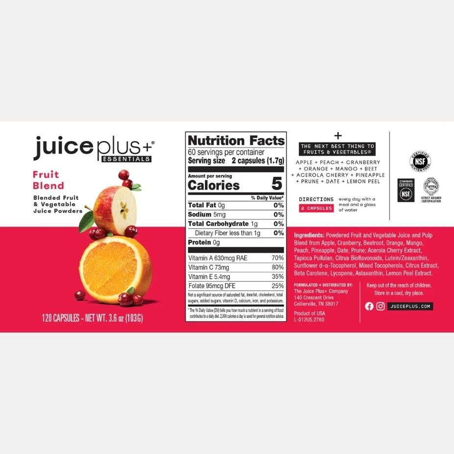 JuicePlus+ Fruit Blend: Plant-Based Whole Food Supplement with Apple, Peach, Cranberry, & More! - Vegan, Gluten-Free, Non-GMO, Kosher - Packed with Plant-Based Vitamins - 1 Bottle (60 Servings) Juice Plus+ uk supplements