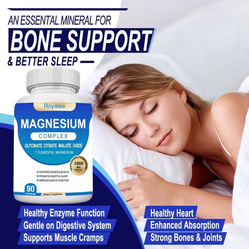 Magnesium Complex Supplement - 1000mg with 7 Magnesium Forms Including Glycinate, Citrate, Malate, Taurate & Orotate - Supports Relaxation, Muscle Function & Bone Strength - 90 Capsules Royalee uk supplements