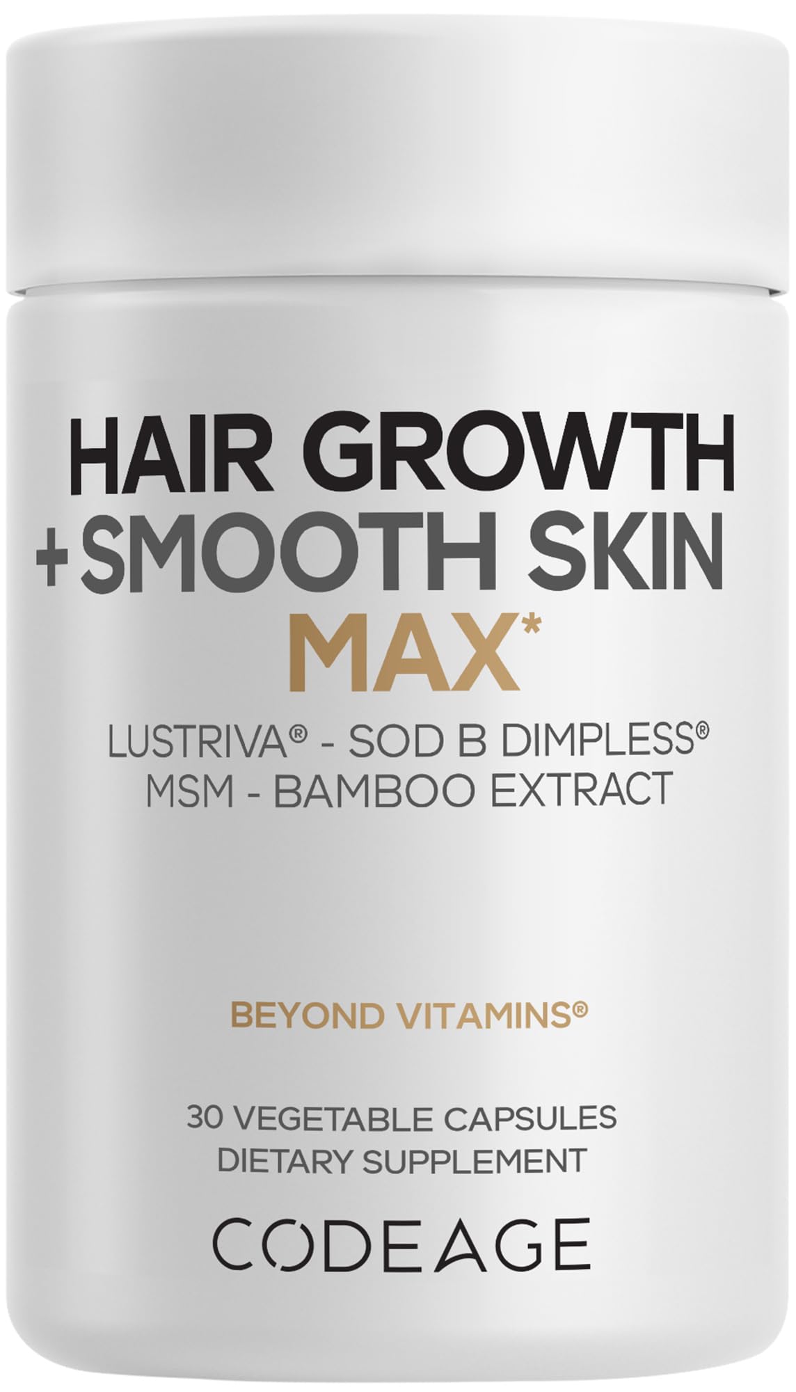 Codeage Hair Growth + Smooth Skin Max Vitamins Supplement - Patented Lustriva & SOD B Dimpless Superoxide Dismutase - Hair Growth Health Skin Cellulite Support - Biotin, Vitamin C, MSM - 30 Capsules Codeage uk supplements
