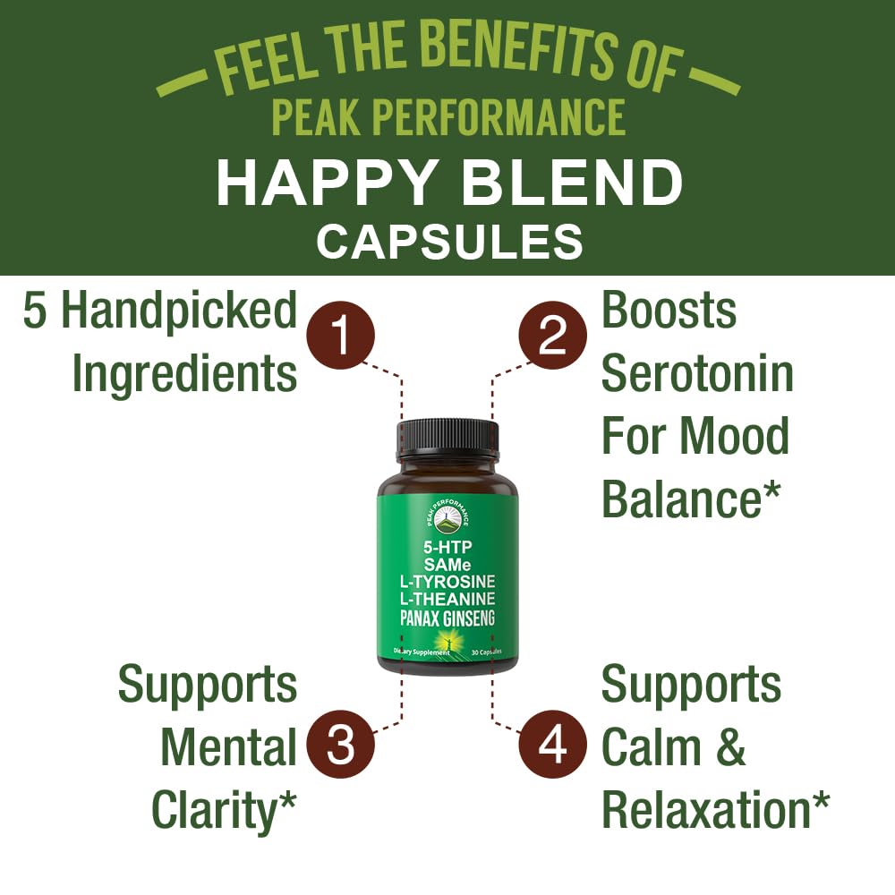 Peak Performance Mood Support Supplement with 5 Top Ingredients: 5HTP, SAM e, L Tyrosine, L Theanine, and Panax Ginseng. Calm, Focus, Relaxation Supplements. Vegan Peak Performance uk supplements