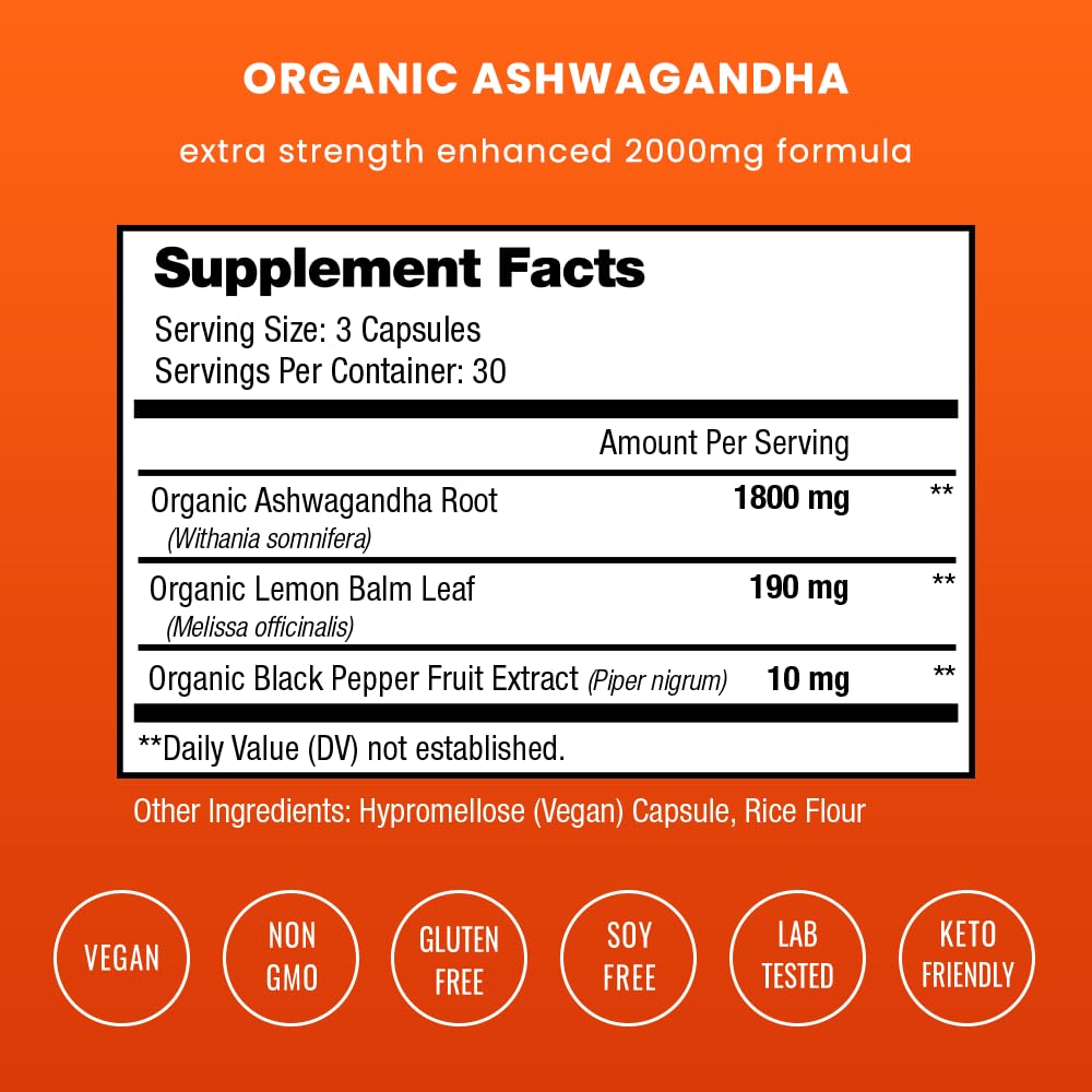 NutraChamps Organic Ashwagandha Capsules, 2000mg Adrenal Fatigue, Thyroid & Mood Support Ashwagandha Supplements, Ashwagandha Root Powder & Lemon Balm, Superior Absorption with Black Pepper NutraChamps uk supplements