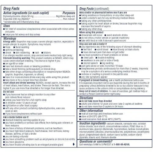 Advil PM Pain Reliever and Nighttime Sleep Aid, Pain Medicine with Ibuprofen for Pain Relief and Diphenhydramine Citrate for a Sleep Aid - 50x2 Coated Caplets Advil uk supplements