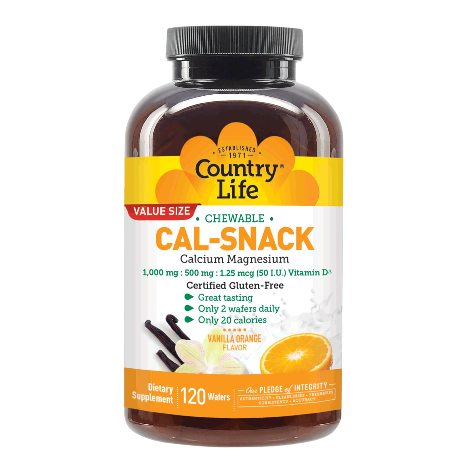 Country Life Cal-Snack - Chewable Calcium Magnesium Supplement wafers with Vitamin D3, Easy to Digest, Vanilla Orange Flavor, Dietary Supplement Country Life uk supplements