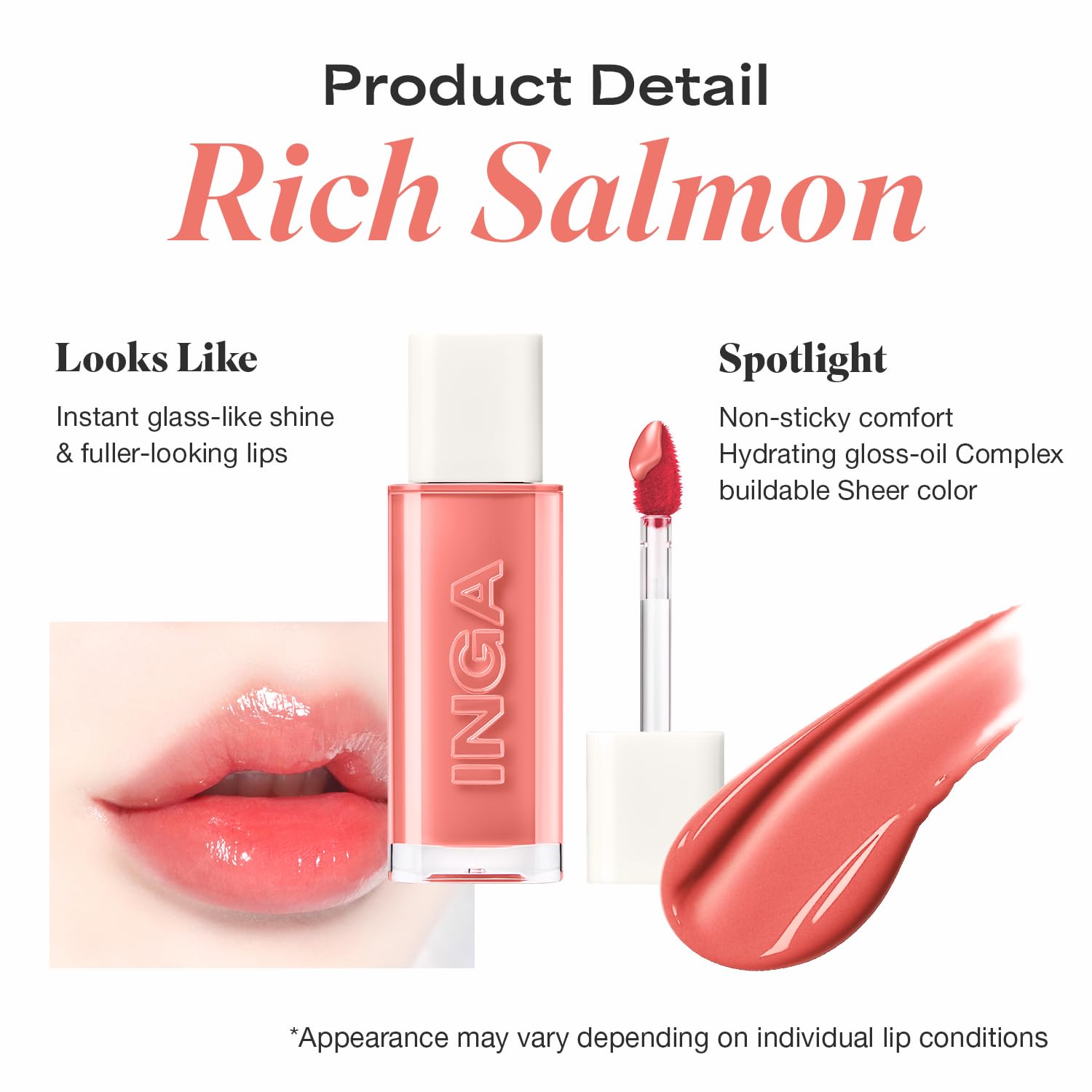 INGA Water Glow Lip Tint | Hydrating, Glossy Korean Lip Tint with Sheer Color & Glass-Like Shine | Long-Lasting, Non-Sticky Korean Lip Stain (RICH SALMON) INGA uk supplements