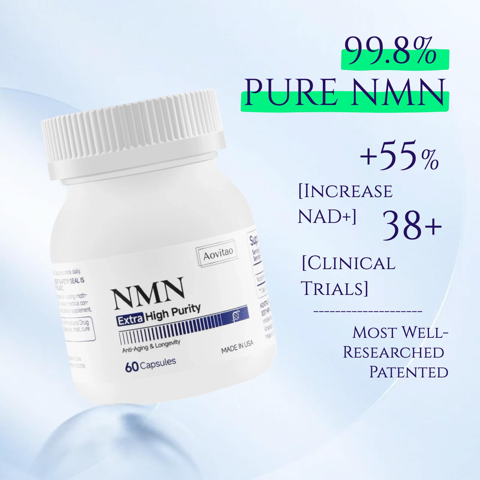 AOVITAO NMN Supplement 500mg Ultra Pure 99.8% | Stabilized Form | Supports NAD+ Production, Cellular Health & Healthy Aging | 60 Capsules AOVITAO uk supplements