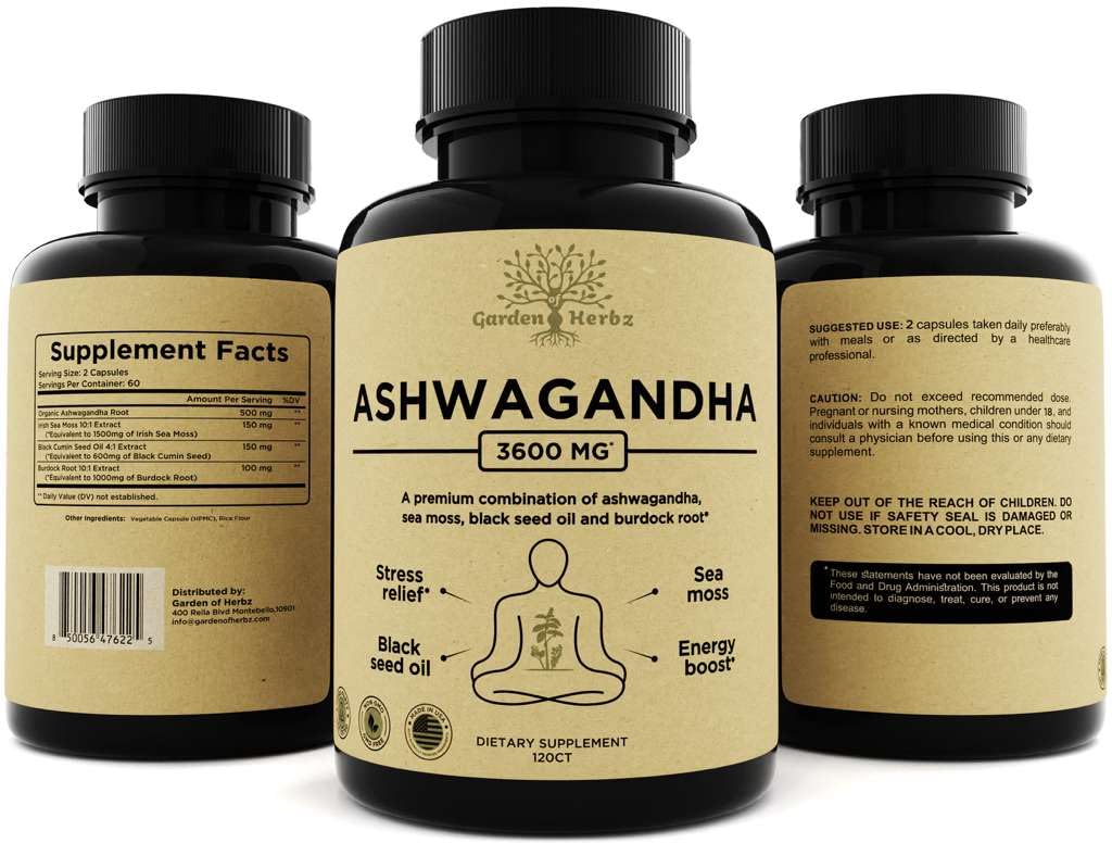 Garden of Herbz Organic Ashwagandha Root & Irish Sea Moss – 3,600 mg Ashwagandha Supplement with Black Seed Oil, & Burdock Root – Herbal Supplement for Energy, Calm, Mood, & Wellness, 120 Caps Garden of Herbz uk supplements