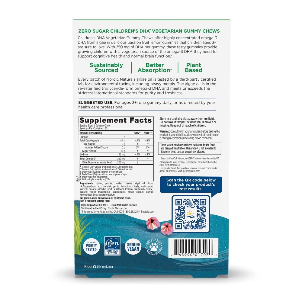Nordic Naturals Zero Sugar Children’s DHA Vegetarian Gummy Chews - Passion Fruit Lemon Flavor - 30 Gummies - Vegan Algae Oil Omega-3 Supplement for Kids Brain & Cognition Support - 30 Servings Nordic Naturals uk supplements