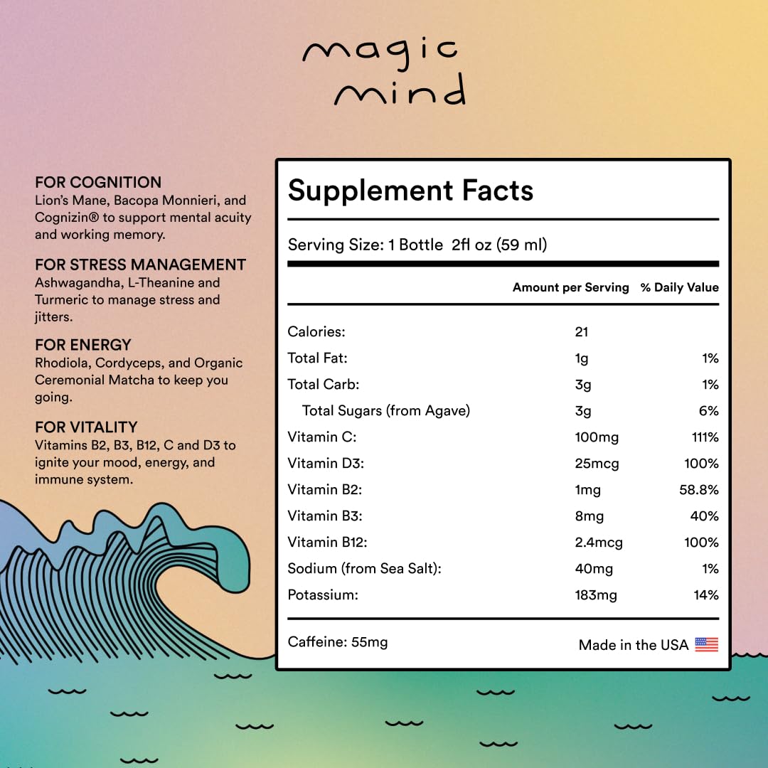 Magic Mind Energy And Focus Drink Shots - Stress Relieving, No Jitters, Ashwagandha, Vitamin B12, Vitamin C, Matcha Green Tea, Functional Mushrooms - 2 FL Oz (15 Pack) Magic Mind uk supplements