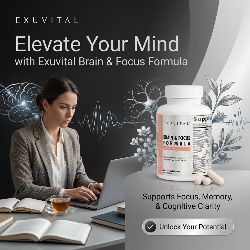 EXUVITAL Brain & Focus Formula, Veggie Capsules, 60 Count, Nootropic Supplement with Vitamins, Minerals and Proprietary Blend for Clarity, Memory, Cognition and Mental Focus EXUVITAL uk supplements