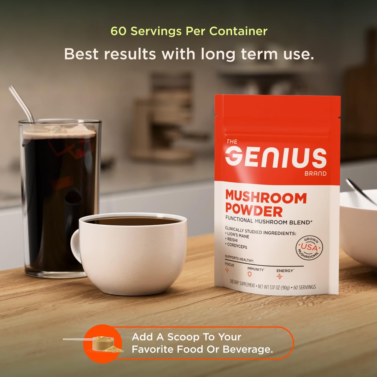 The Genius Brand Mushroom Powder - Includes Lion's Mane, Cordyceps & Reishi - Supports Brain Health, Immune System & Energy Levels - USDA Organic Mushroom Powder - 3.17 oz (60 Servings) The Genius Brand uk supplements