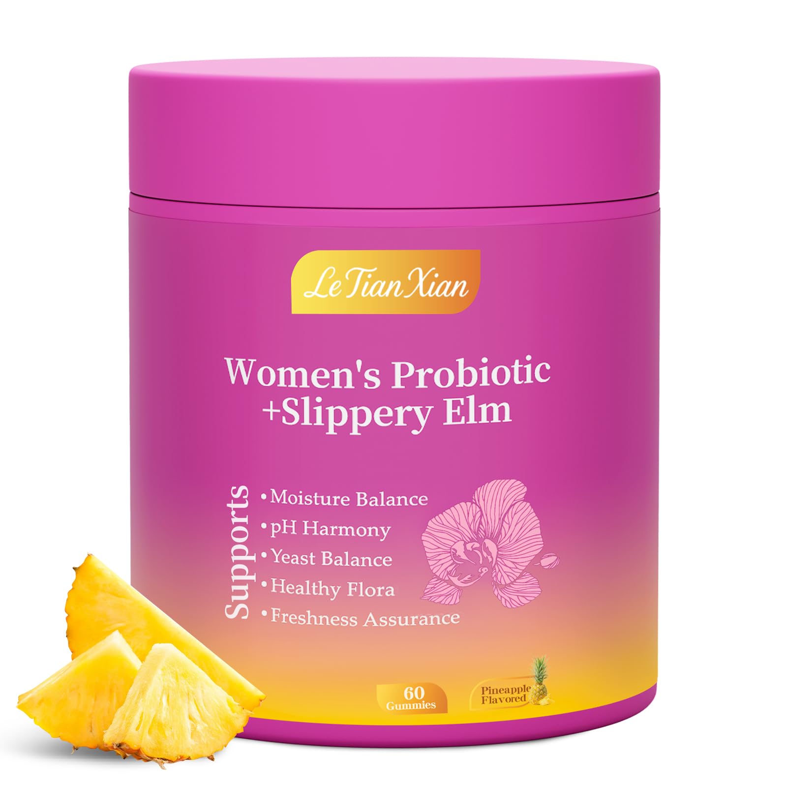 Le Tian Xian Her Juicy Feminine Probiotics Gummies for Women with Slippery Elm, Prebiotics & Lactobacillus - for pH Balance & Digestive Health, Tropical Pineapple Flavor, 60 Count Le Tian Xian uk supplements