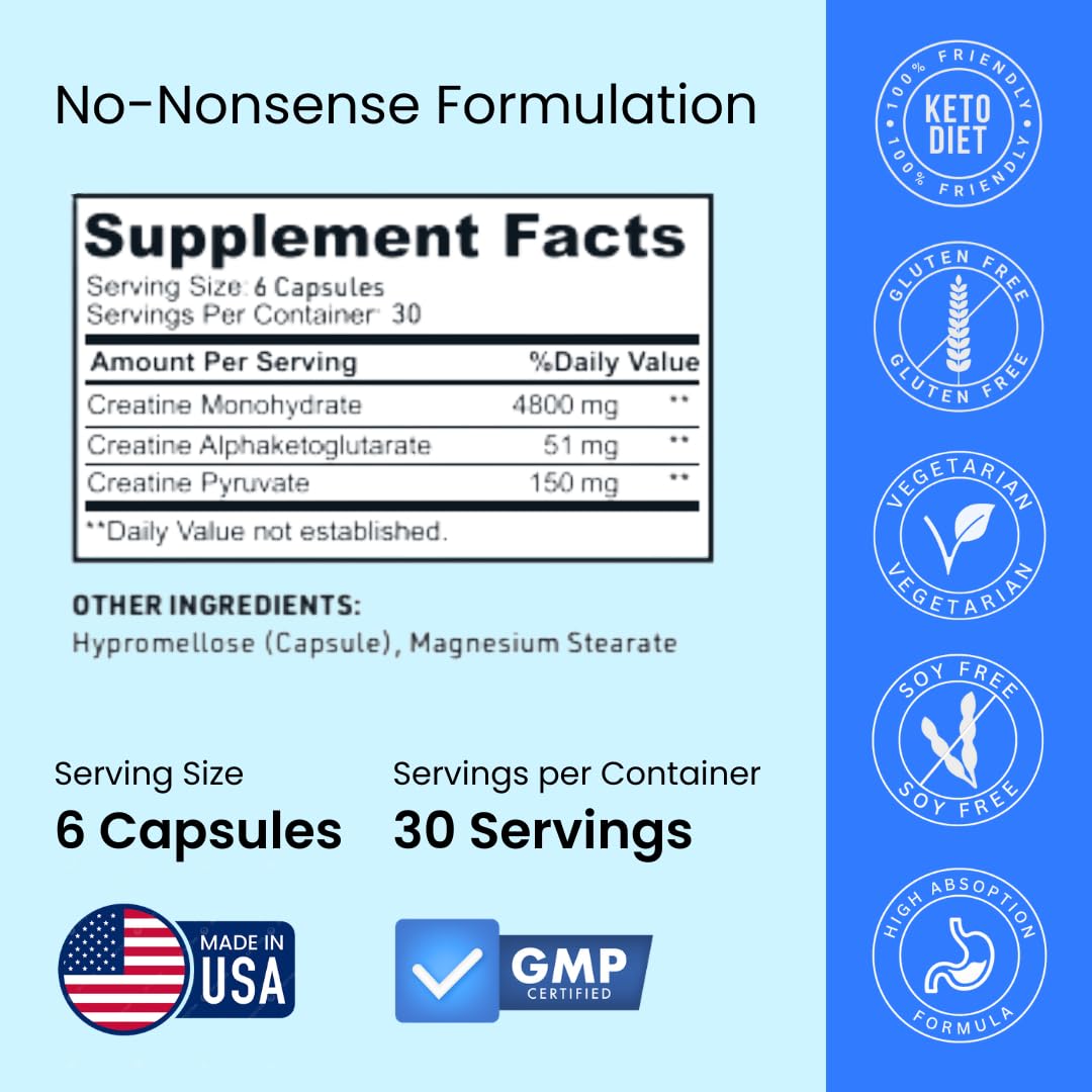 Creatine Capsules, 5g Premium 3X ThreeAtine Pre Workout Bulk Muscle Mass Gainer, High Absorption Easy to Take Creatine Monohydrate Pills Alternative Optimum Performance for Men Women, 180 Capsules Crazy Muscle uk supplements