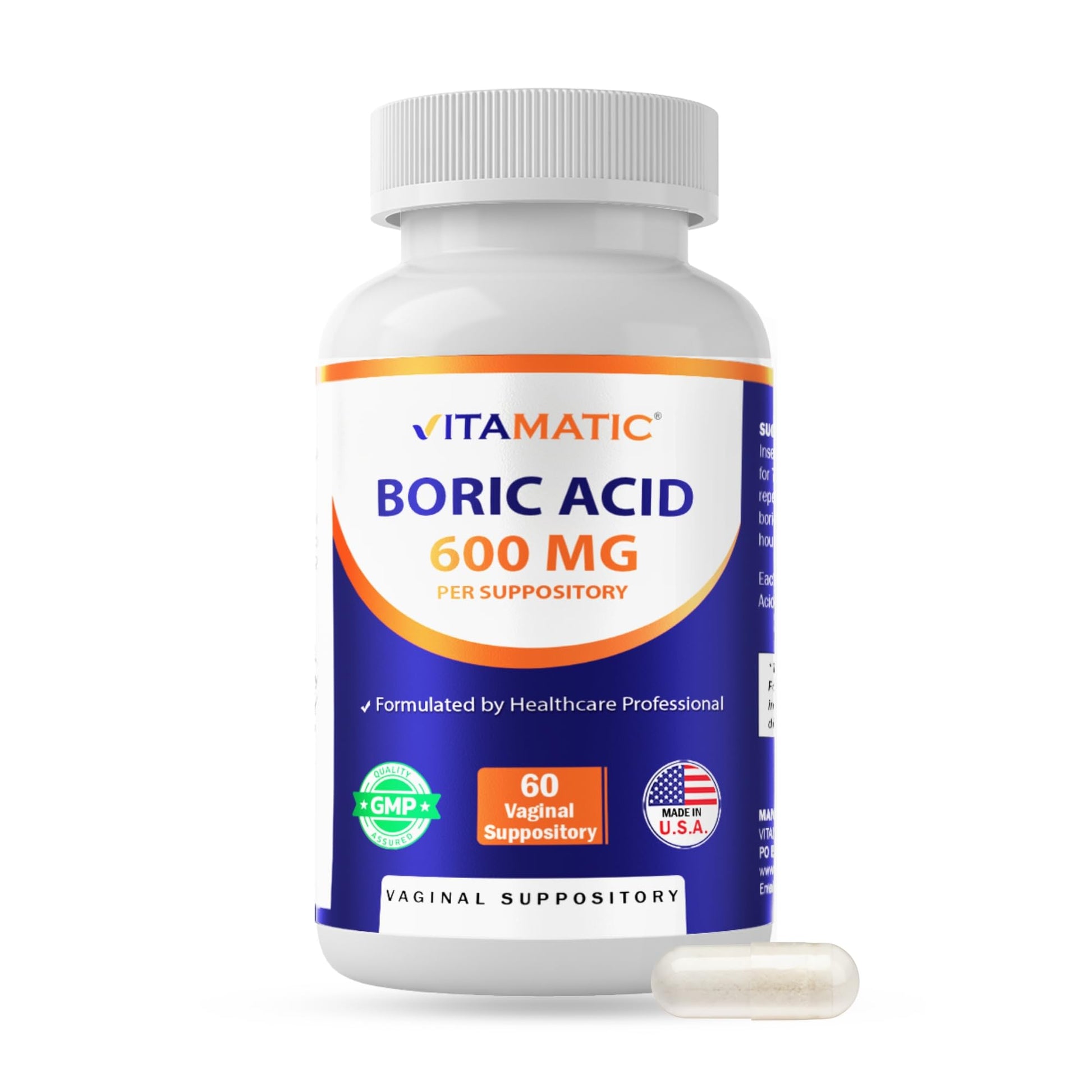 Vitamatic Boric Acid Vaginal Capsule Shell Suppositories 600 mg USP Grade Boric Acid in Vegetarian Capsule Shell - 60 Count Vitamatic uk supplements