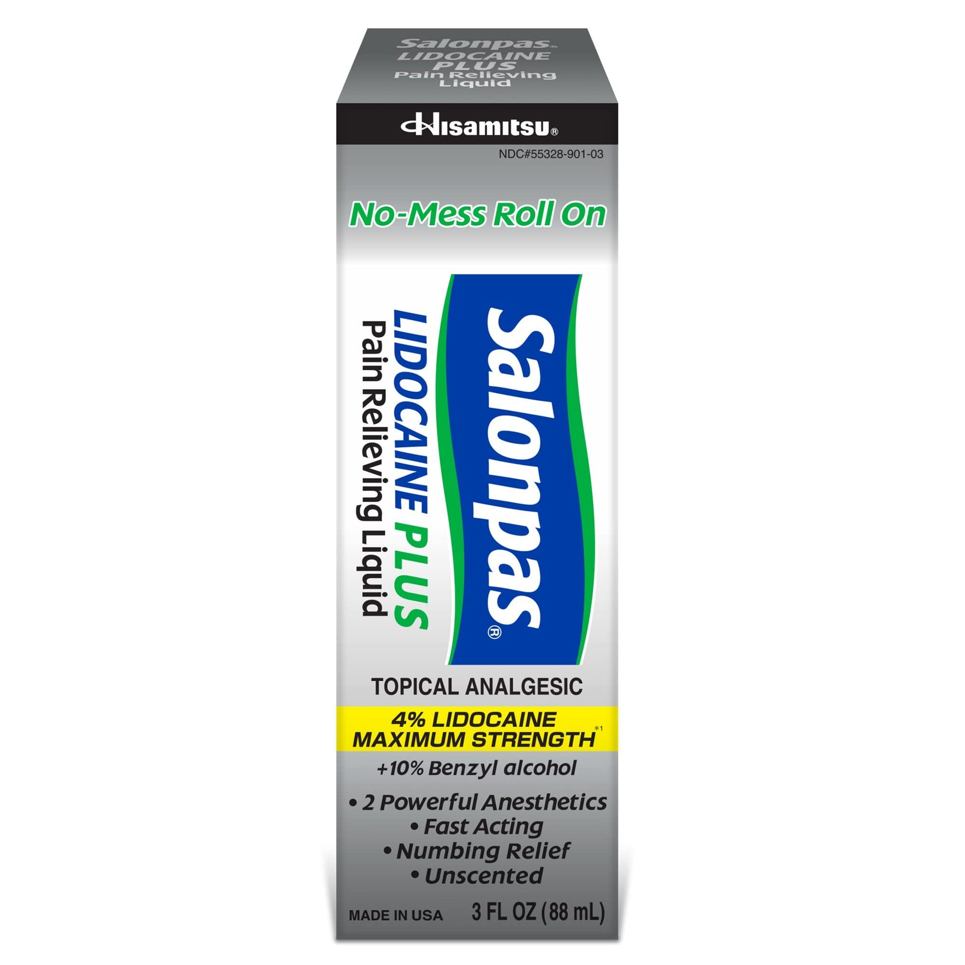 Salonpas LIDOCAINE Plus 3 oz ROLL ON Pain Relieving Liquid! Maximum Strength 4% Lidocaine for Numbing Pain Relief! Mess Free Application! (3 Pack) Salonpas uk supplements