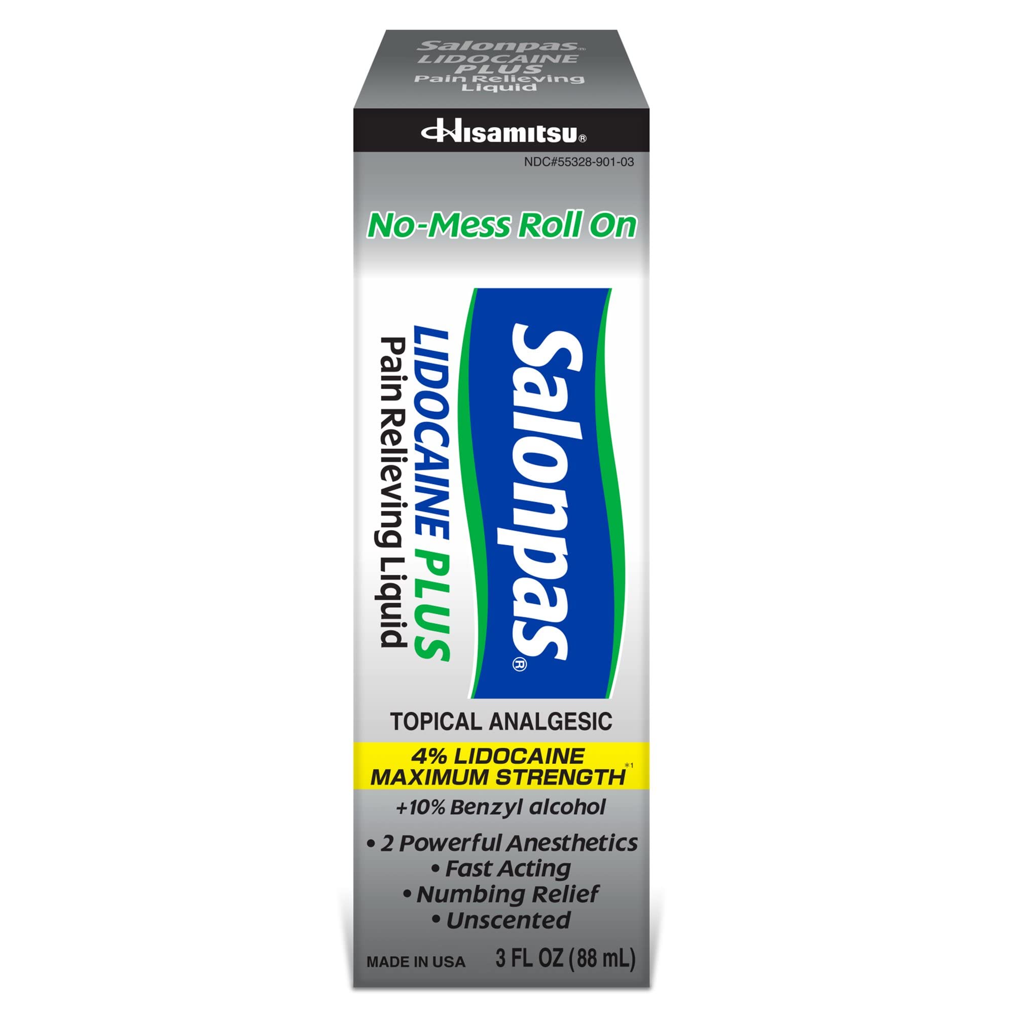 Salonpas LIDOCAINE Plus 3 oz ROLL ON Pain Relieving Liquid! Maximum Strength 4% Lidocaine for Numbing Pain Relief! Mess Free Application! (3 Pack) Salonpas uk supplements