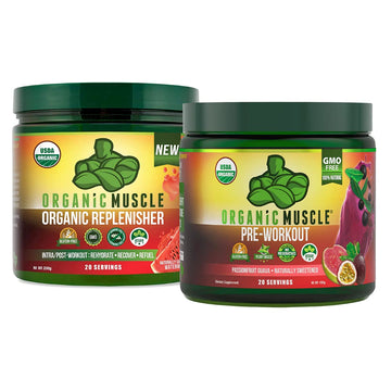Organic Muscle Bundle - Pre-Workout Powder for Energy (Passionfruit Guava) + Replenisher Organic Muscle uk supplements