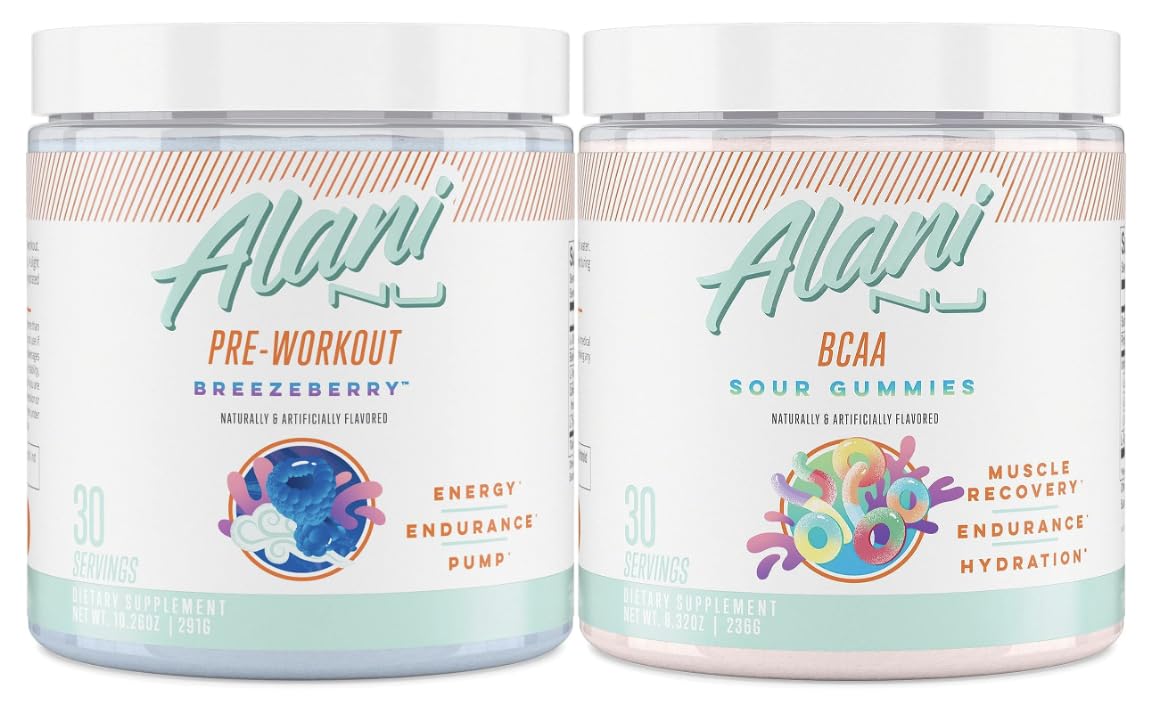 Alani Nu Breezeberry Pre Workout and BCAA Sour Gummies Post Workout Powder Bundle Alani Nu uk supplements