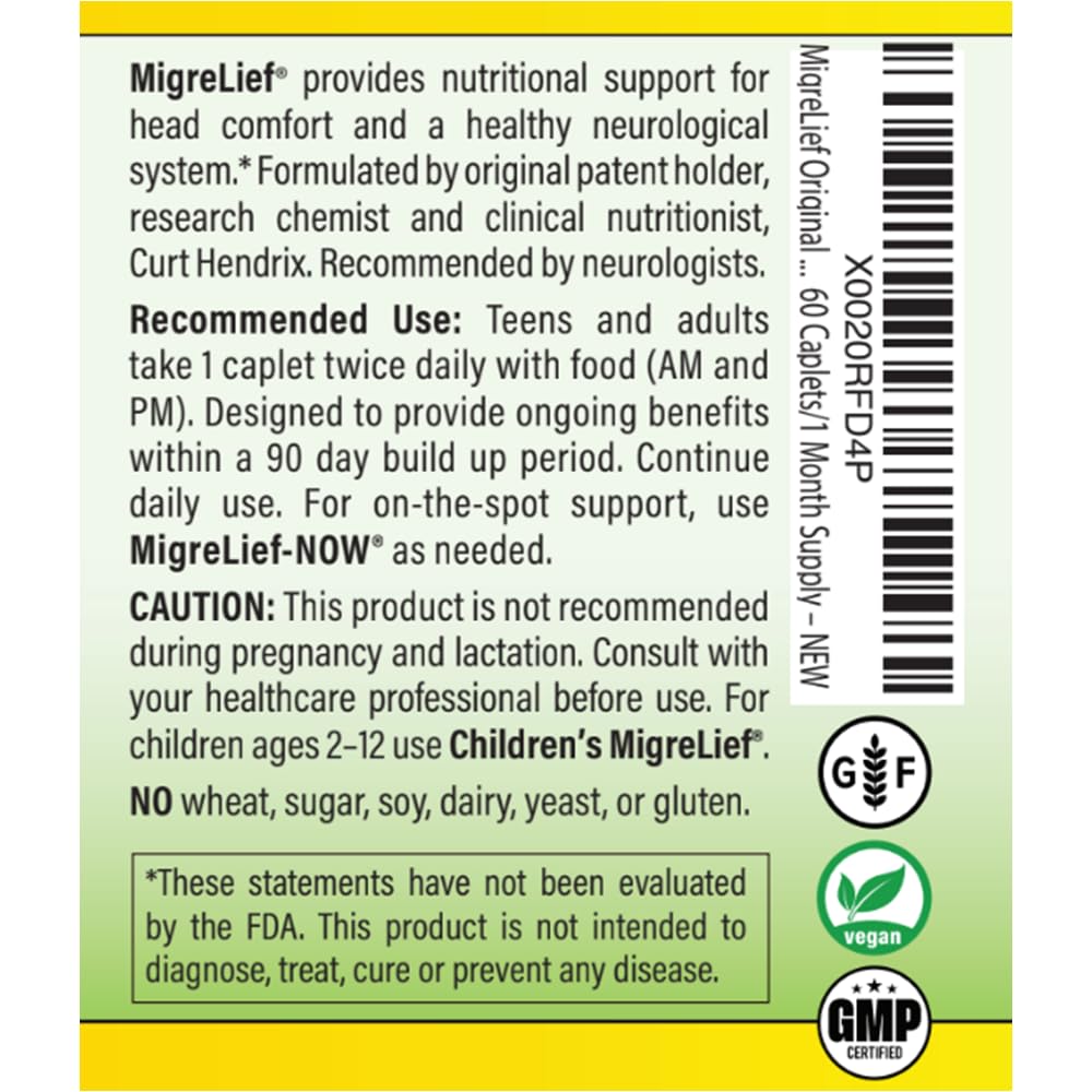 MigreLief Original Triple Therapy with Puracol - Nutritional Support for Migraine Sufferers - 60 Caplets/1 Month Supply MigreLief uk supplements