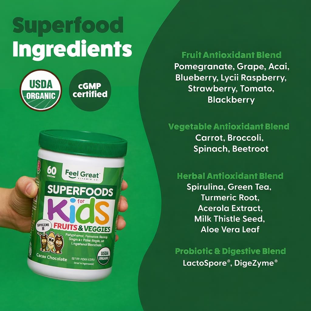 Feel Great USDA Organic Super Greens Powder for Kids - Cocao Chocolate | Fruit & Veggie Supplement | Superfood Powder with Probiotics & Digestive Enzymes for Digestive Health | 60 Days Supply The Feel Great Vitamin Company uk supplements