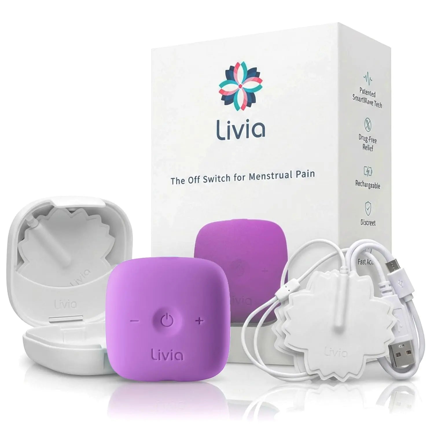 Livia Menstrual Pain Relief Device, Lavender – Off-Switch for Period Pain – Portable & Discreet – Rechargeable, Up to 8 Hours Battery – Complete Kit with Stick-On Pads – The Go-to Travel Partner Livia uk supplements